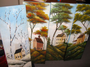 Set of 4 paintings with wee hooses found in charity shop.